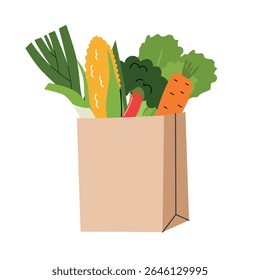 Paper bag with inscription eco bag full of vegetables. right eco-friendly shopping. Pollution problem concept. Cartoon vector illustration