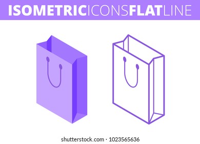 The paper bag. Isometric flat and outline icon set. The shopping bag with handles line illustration collection. Vector linear infographic elements. The gift market handbag 3d and outlined symbols.