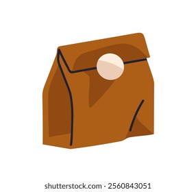 Paper bag with label, tag. Eco-friendly kraft pouch. Recyclable craft package for zero-waste shopping. Biodegradable pack, sack with sticker. Flat vector illustration isolated on white background