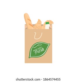 Bolsa de papel con panadería fresca hecha a diario, producto de horneado agrícola orgánico en bolsa de reciclaje. Concepto de entrega de compras. Ilustración de material vectorial aislada en fondo blanco.