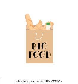 Paper bag with made daily fresh bakery, organic farm baking product in recycle bag. Grocery delivery concept. Vector stock illustration isolated on white background.