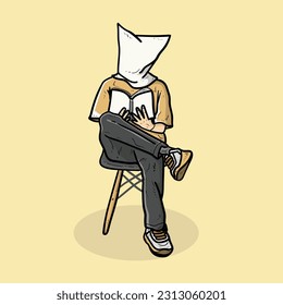 Paper bag man woman read book while sit chair isolated yellow background vector modern illustrations