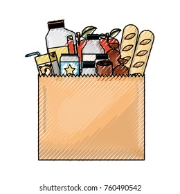 paper bag with market of food and drinks in colored crayon silhouette