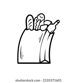 paper bag with market goods cartoon drawing coloring line art style sketch classic vintage design illustration