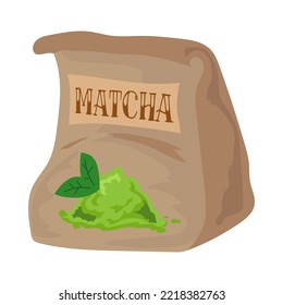 Paper bag of matcha. Pack of matcha powder with tag and picture on it. Vector illustration isolated on white background. Food, culture concept.
