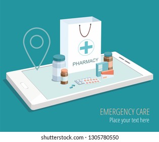 Paper bag with medical equipment and pharmacy on smartphone. Isometric vector Illistration