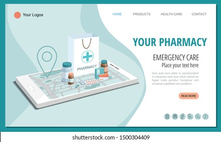 Paper bag with medical equipment and pharmacy on smartphone. Isometric Illustration. Web banner