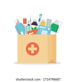 Paper bag with medicines, drugs, pills and bottles inside. Home delivery pharmacy service. Vector illustration in flat style on white background