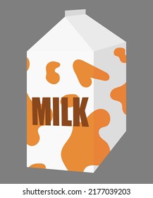 Paper bag with milk, big package isolated on gray background. Milk is a milk drink. Organic healthy product. Vector illustration in flat style. Milk box packaging in a cow pattern.