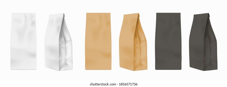 Paper bag mockup. Realistic white, black and brown packages for flour, cookies or tea. Coffee pouch frontal and profile view, vector set. Package box, mock up cardboard pack illustration