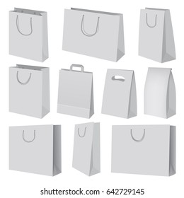 Paper bag mockup set. Realistic illustration of 10 paper bag mockups for web