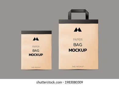 Paper bag mockup, Shopping kraft paper bag with handles isolated on white.