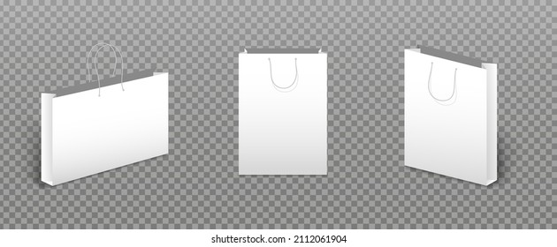 Paper bag mockup. White empty cardboard packet for shopping. 3d eco handbag collection for store product. Realistic branding bags. Gifts package. vector illustration
