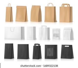 Paper bag mockups of shopping, gifts and food packages realistic vector design. White, brown and black bags or boxes, made of craft paper or cardboard with cord handles and transparent windows