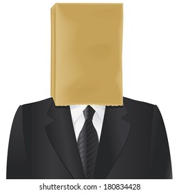 Paper bag on the head of charcoal suited man isolated on white.