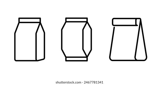 Paper bag outline icons set. Eco friendly package symbol. Editable stroke. Isolated vector illustration 