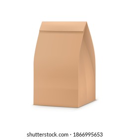 Paper bag package. Blank brown paper snack bag for your design. Shop, cafe and restaurant packaging template realistic vector illustration
