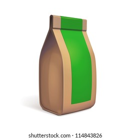 Paper Bag Package Of Coffee, Salt, Sugar, Pepper, Spices Or Flour, Filled, Folded, Close, Brown With Green Label. Ready For Your Design. Snack Product Packing Vector EPS10