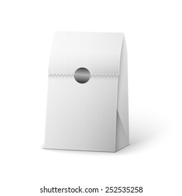 Paper Bag Package Of Coffee, Salt, Sugar, Pepper, Spices Or Flour, Filled, Folded, Close, White. Ready For Your Design. Snack Product Packing Vector EPS10