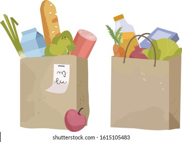 Paper bag, package with food and drink products. Vegetables, bread, dairy products. Vector flat design illustration