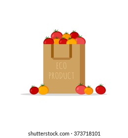 Paper bag, package with fresh red, yellow and pink tomatoes on a white background.  ECO product. Flat design colored vector illustration