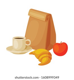 Paper Bag Package with Healthy Breakfast, Croissant, Apple and Cup of Coffee Vector Illustration