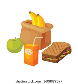 Paper Bag Package with Healthy Breakfast, Orange Juice, Apple, Banana, Sandwich Vector Illustration