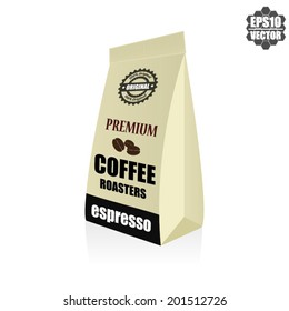 Paper Bag Package Of Premium Coffee Roasters Espresso  Isolated On White Background. Vector.