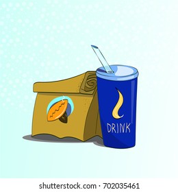 A paper bag with pie logo, drink