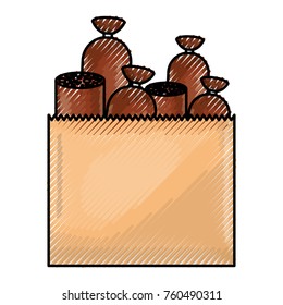 paper bag with pieces of sausages in colored crayon silhouette