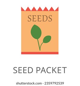 Paper bag with plant seeds isolated on white. Colored flat vector icon of gardening items with text. Gardening and agriculture concept