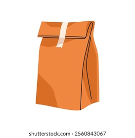 Paper bag, pouch, kraft package. Eco-friendly craft pack sealed with tap for products, takeaway food and gifts. Biodegradable recyclable packet. Flat vector illustration isolated on white background