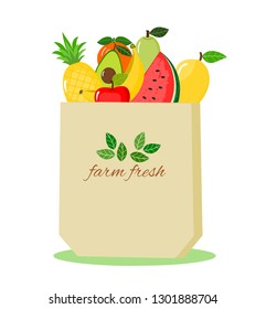 Paper bag with produce flat icon isolated on white background. Grocery bag with vegetables and fruit vector illustration.