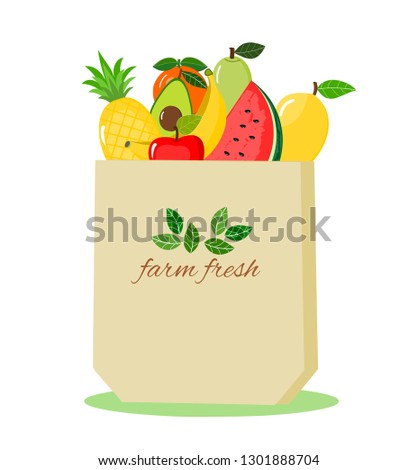 Paper bag with produce flat icon isolated on white background. Grocery bag with vegetables and fruit vector illustration.