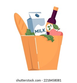 Paper bag with products. Cartoon vector isolated on white background