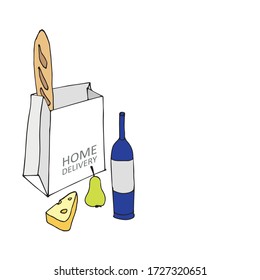 Paper bag with products. Wine, cheese, fruit, bread isolated on a white background. Paper containers for takeaway food. Express food delivery and shopping. Eco packing. Hand drawn doodle sketch