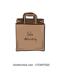 Paper bag with purchases or food. Safe food delivery and shopping service during quarantine Covid-19. Vector illustration. Sketch, hand drawing, lettering