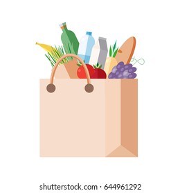 Paper bag with purchases. full packet with fresh food, vegetables, fruits, dairy products. Concept shopping in a grocery store, market. Colorful vector illustration.