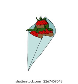 Paper bag with red, juicy strawberries in melted chocolate. Vector illustration in the style of doodles.