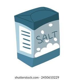 A paper bag of salt sideways in a blue package, which is usually used for seasoning dishes. Vector color illustration. It is suitable for culinary graphics, recipe cards, restaurant menus and design