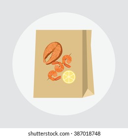 Paper bag seafood. Seafood icon. Seafood vector illustration. Bag seafood products. Bag vector illustration. Bag isolated background