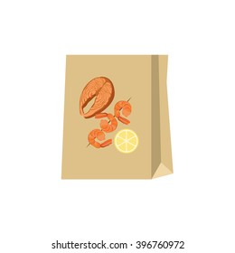 Paper bag seafood. Seafood icon. Seafood vector illustration. Bug seafood products. Bag vector illustration. Bag isolated background