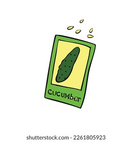 Paper bag with seeds cucumber. Vector hand drawn outline colorful illustration, clip art in doodle flat style. Theme of gardening farming agriculture