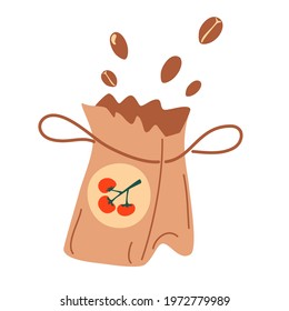 Paper Bag of seeds. Fertilizer organic bag icon. Packs of tomato seeds. Cartoon vector Illustration. Hand sowing flower seed. Flat argiculture collection.