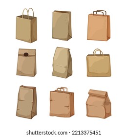 paper bag set cartoon. package blank, retail packaging, sale store, handle shop, buy paper bag vector illustration