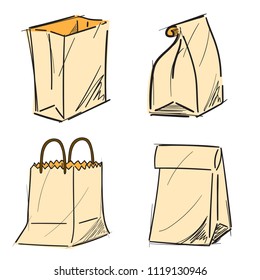 Paper bag set drawn with doodle style