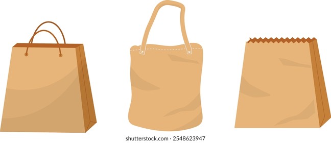 Conjunto de sacos de papel. Três Opções De Bolsa Ecológica. Saco de compras de papel, saco de tote reutilizável e papel kraft. Conjunto de pacotes de compras sustentáveis isolados em fundo transparente. Png de vetor