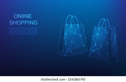 Papierbeutel-Shopping Low-Poly-Wireframe E-Commerce und Online-Shopping. Vektorgrafik-Digitaldesign. einzeln auf blauem dunklem Hintergrund