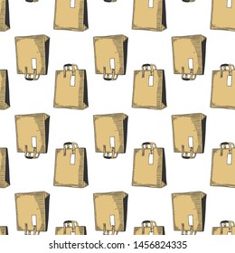 Paper bag for shopping or presents. Vector concept in doodle and sketch style. Hand drawn illustration for printing on T-shirts, postcards. Seamless pattern for textile, paper wrap. Texture