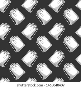 Paper bag for shopping or presents. Vector concept in doodle and sketch style. Hand drawn illustration for printing on T-shirts, postcards. Seamless pattern for textile, paper wrap. Texture